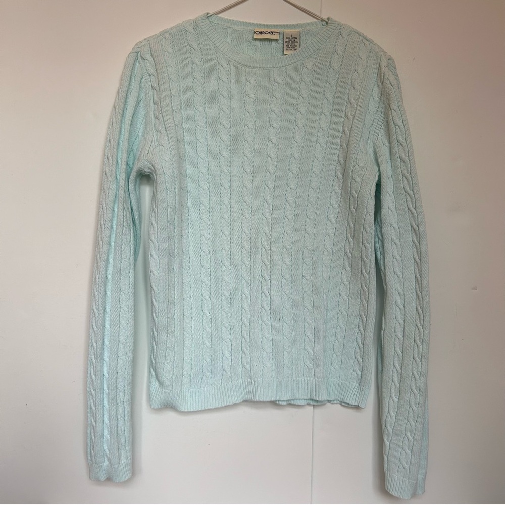 Vintage Cherokee Seafoam Green Blue Crew Neck Cable Knit Cotton Sweater Size S